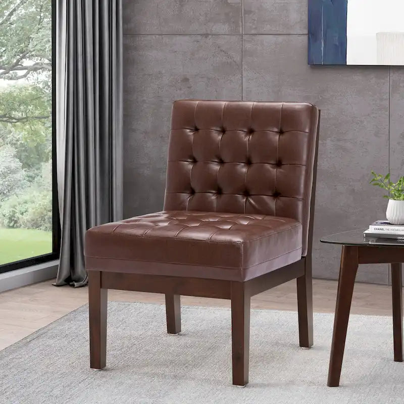 Fauteuil d'appoint capitonné en similicuir avec pieds en bois d'hévéa couleur expresso foncé