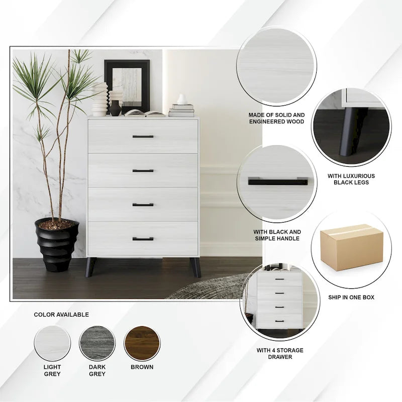 Commode à 4 tiroirs en bois massif avec pieds fuselés Gris clair Marron Gris foncé