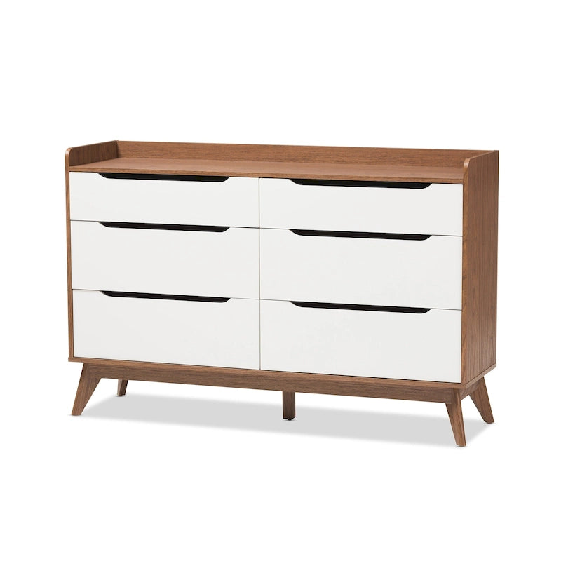 Commode mi-siècle moderne 6 tiroirs en noyer blanc