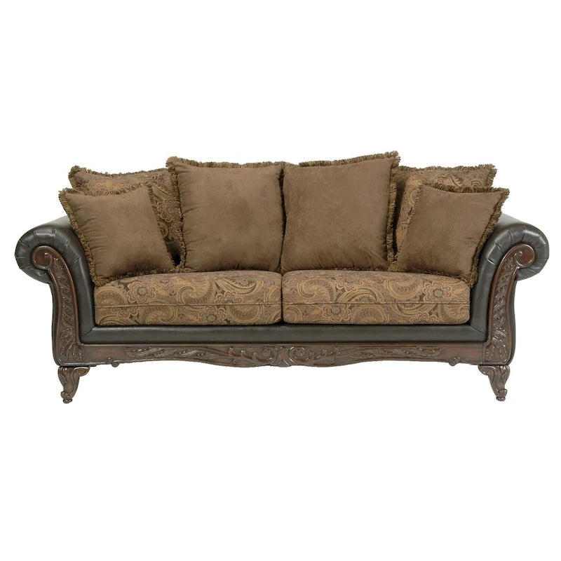 Canapé traditionnel en tissu marron bi-cast avec coussins fleuris et boiseries sculptées