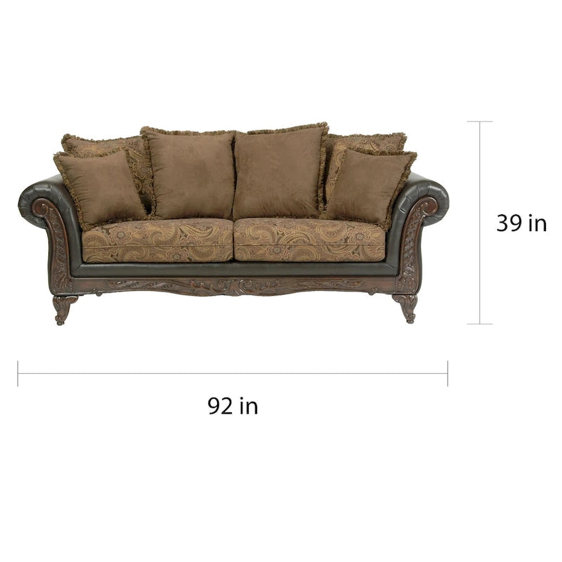 Canapé traditionnel en tissu marron bi-cast avec coussins fleuris et boiseries sculptées