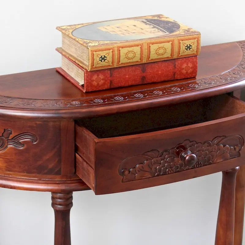 Table de console demi-lune en bois massif sculpté, fabriquée à la main, couleur noyer brun