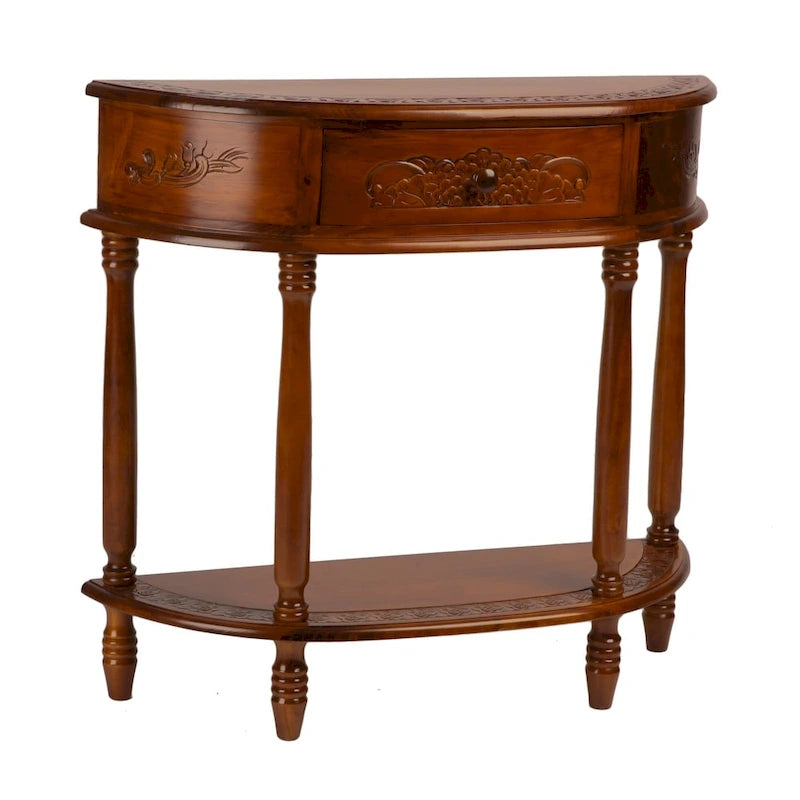 Table de console demi-lune en bois massif sculpté, fabriquée à la main, couleur noyer brun