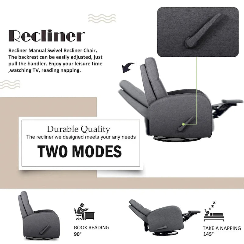 Fauteuil inclinable, pivotant et basculant manuel en tissu gris