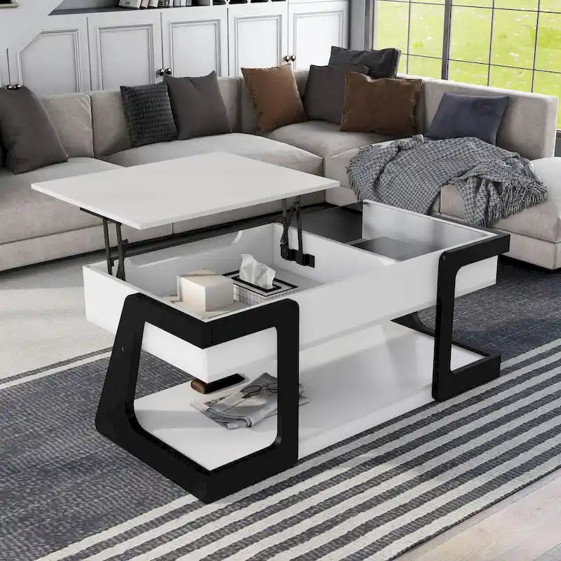 Table basse relevable contemporaine blanche et noire avec étagère de rangement