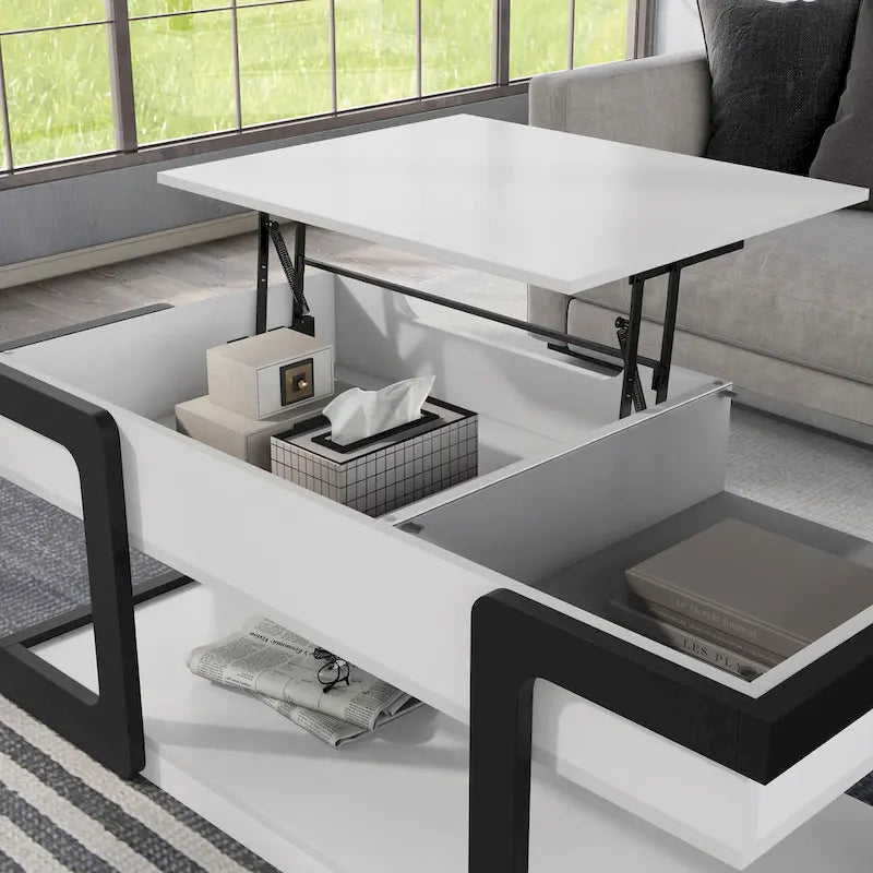 Table basse relevable contemporaine blanche et noire avec étagère de rangement