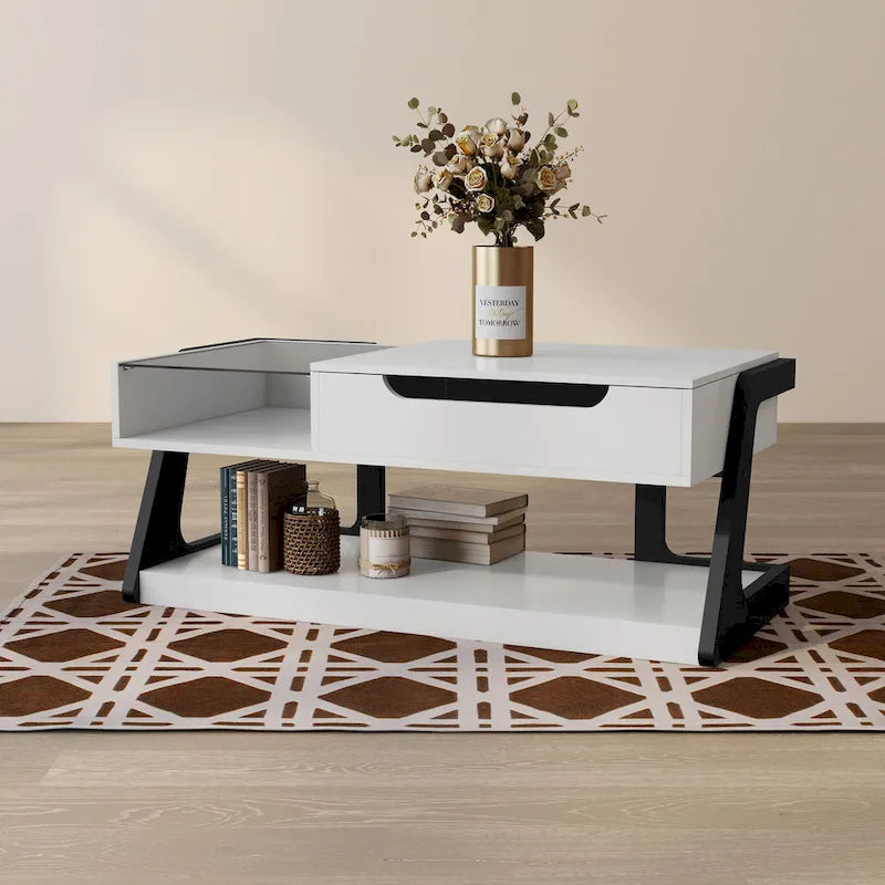 Table basse relevable contemporaine blanche et noire avec étagère de rangement