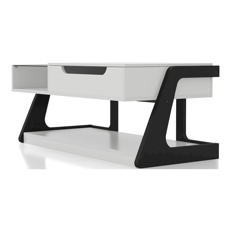 Table basse relevable contemporaine blanche et noire avec étagère de rangement