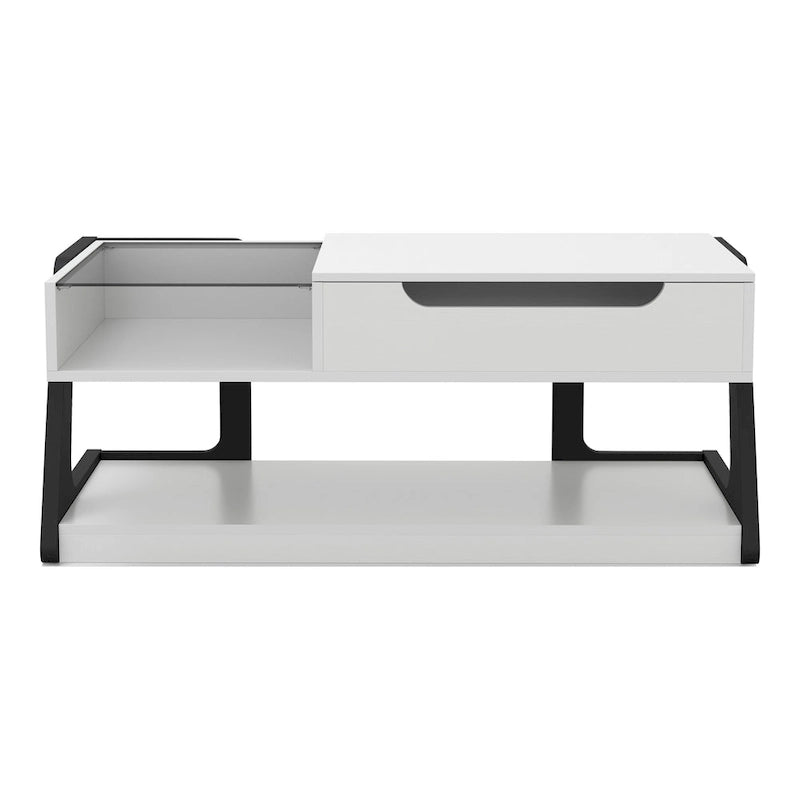 Table basse relevable contemporaine blanche et noire avec étagère de rangement
