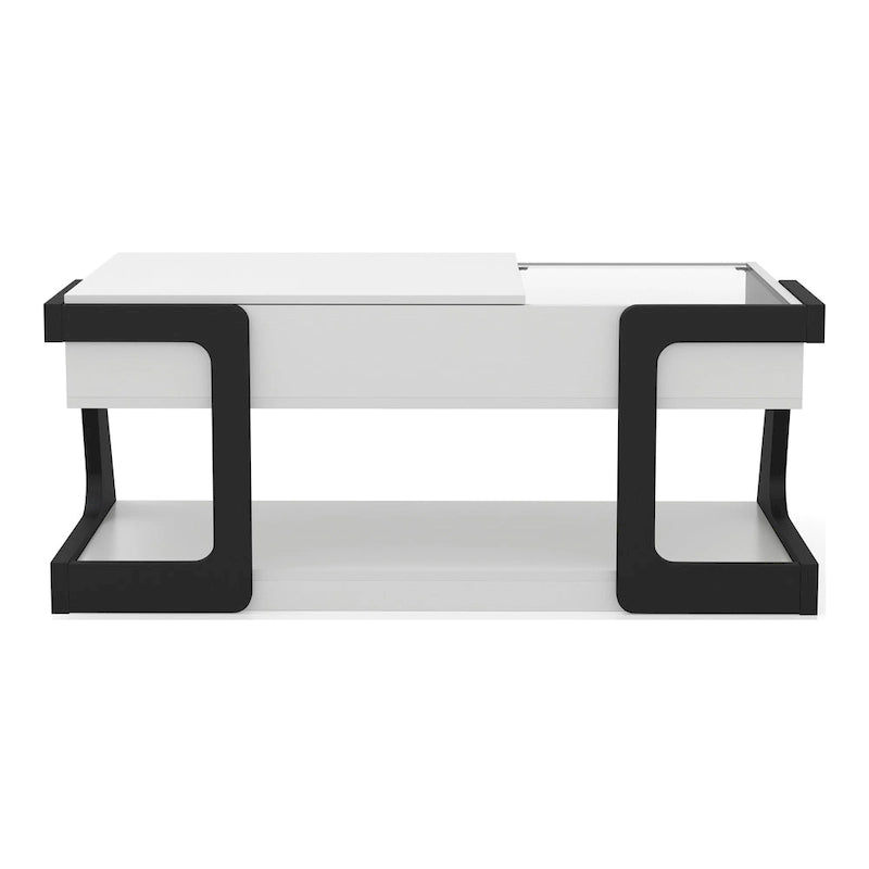 Table basse relevable contemporaine blanche et noire avec étagère de rangement