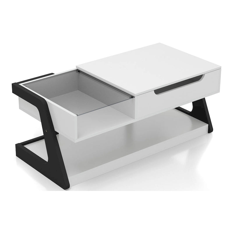 Table basse relevable contemporaine blanche et noire avec étagère de rangement