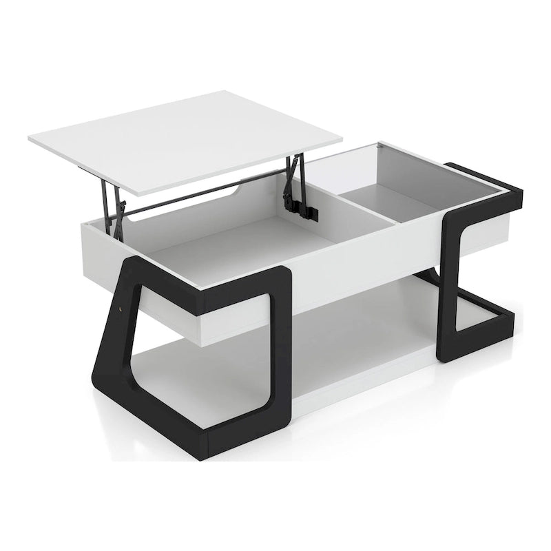 Table basse relevable contemporaine blanche et noire avec étagère de rangement