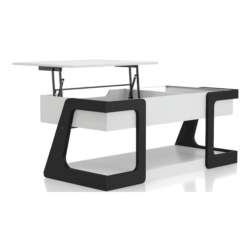Table basse relevable contemporaine blanche et noire avec étagère de rangement