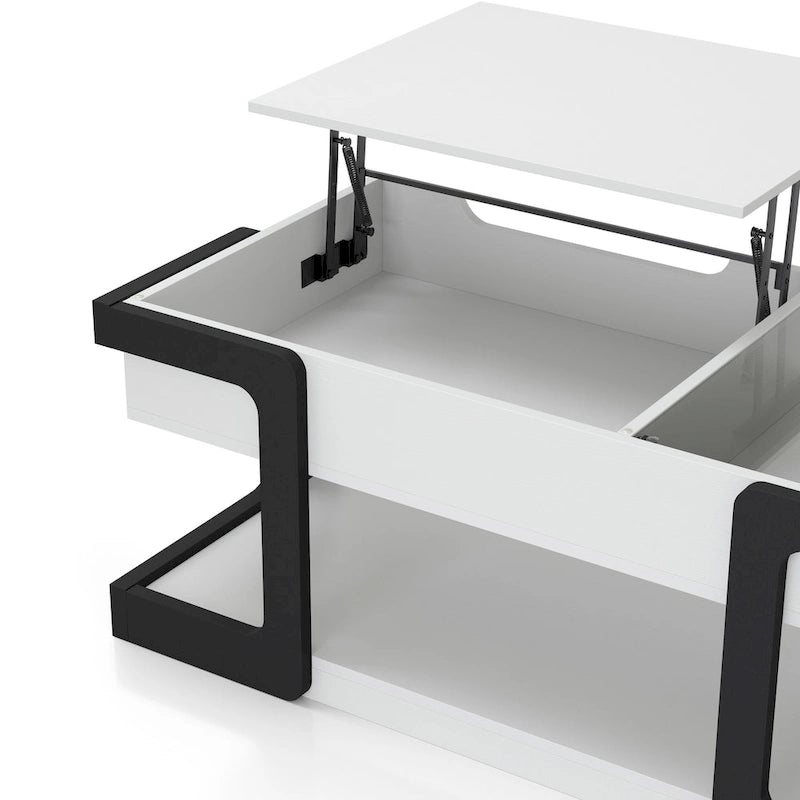 Table basse relevable contemporaine blanche et noire avec étagère de rangement