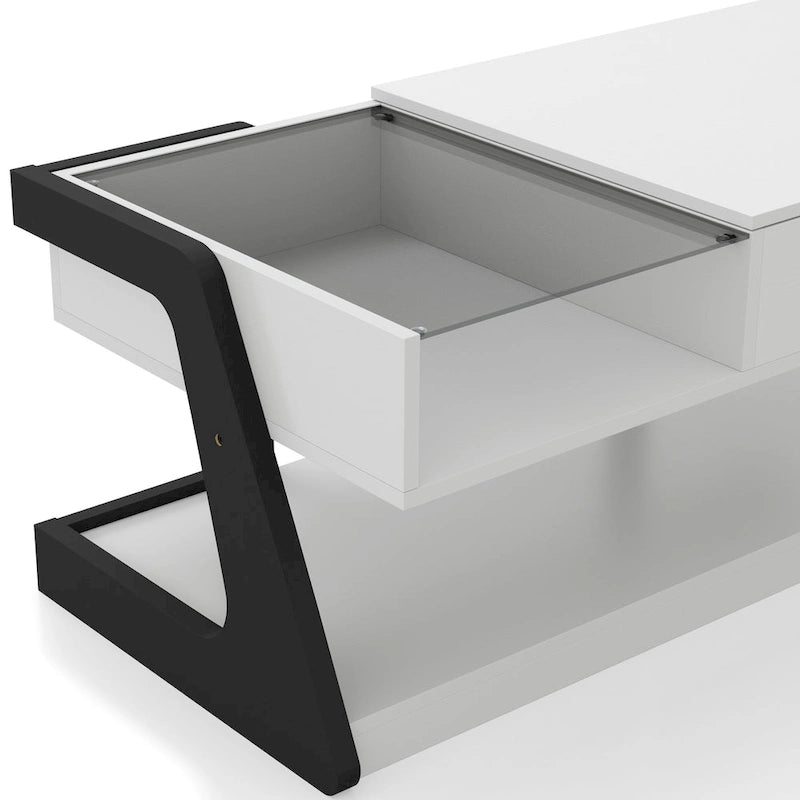 Table basse relevable contemporaine blanche et noire avec étagère de rangement
