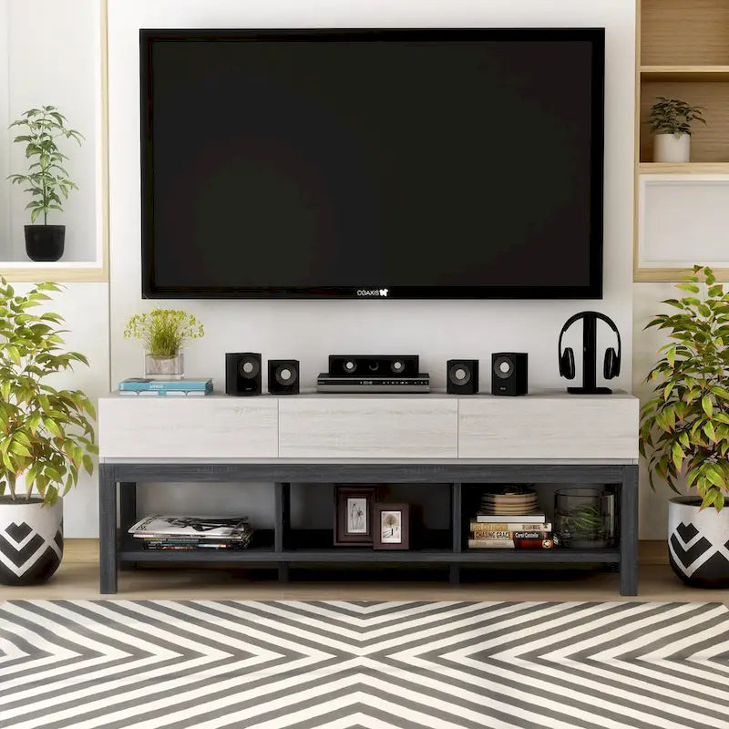 Meuble TV de 60 pouces en chêne blanc moderne gris vieilli avec tiroirs et étagères ouvertes