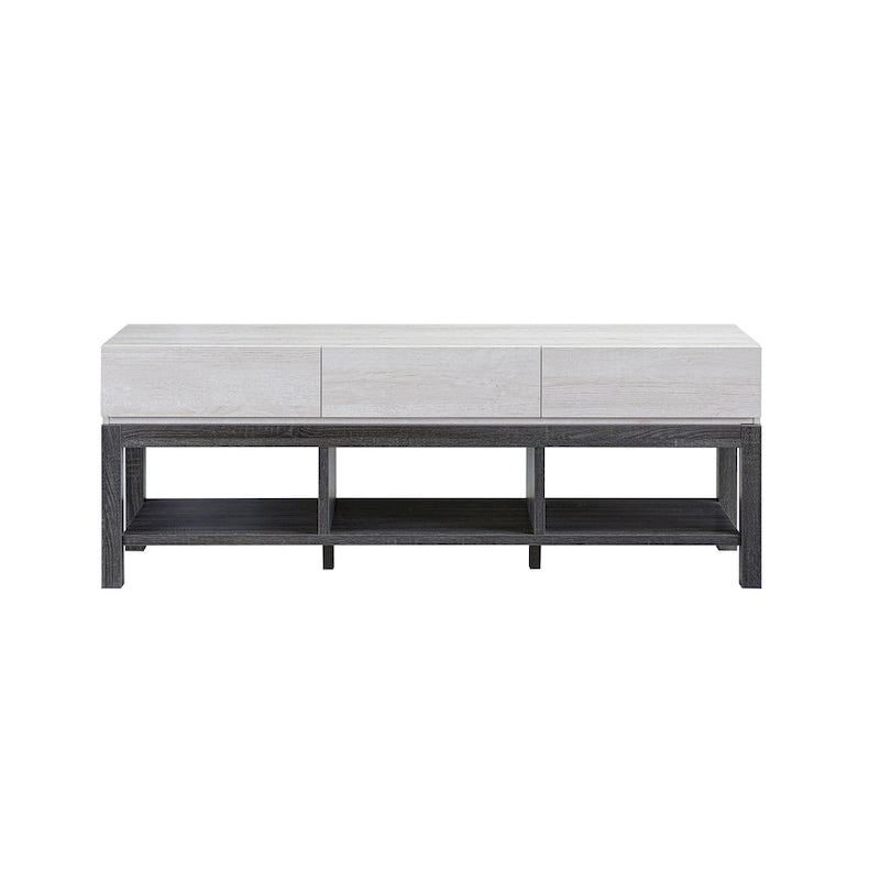 Meuble TV de 60 pouces en chêne blanc moderne gris vieilli avec tiroirs et étagères ouvertes