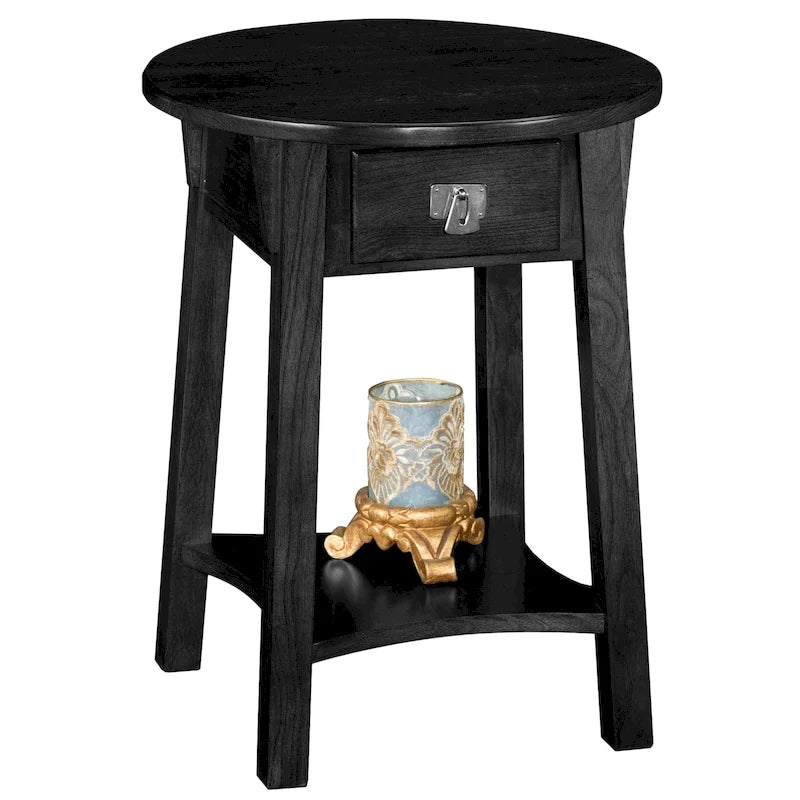 Table d'appoint ronde en bois avec tiroir et étagère inférieure, Noir Ardoise
