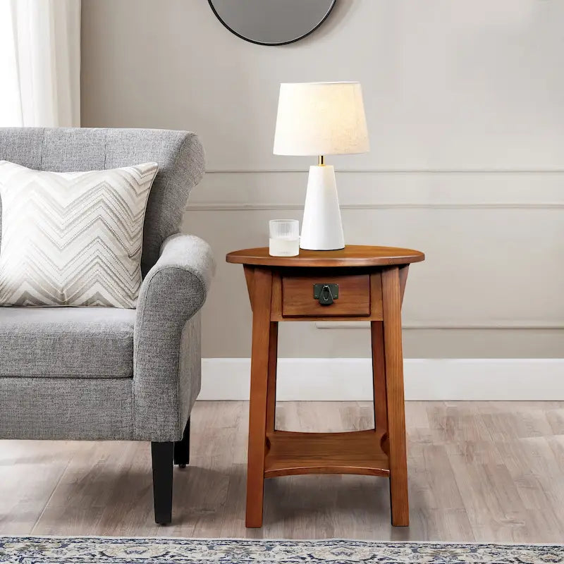 Table d'appoint ronde en bois avec tiroir et étagère inférieure, Noir Ardoise