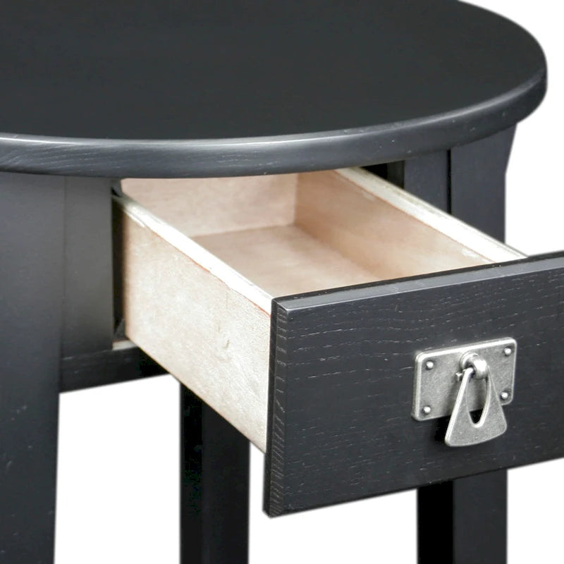 Table d'appoint ronde en bois avec tiroir et étagère inférieure, Noir Ardoise