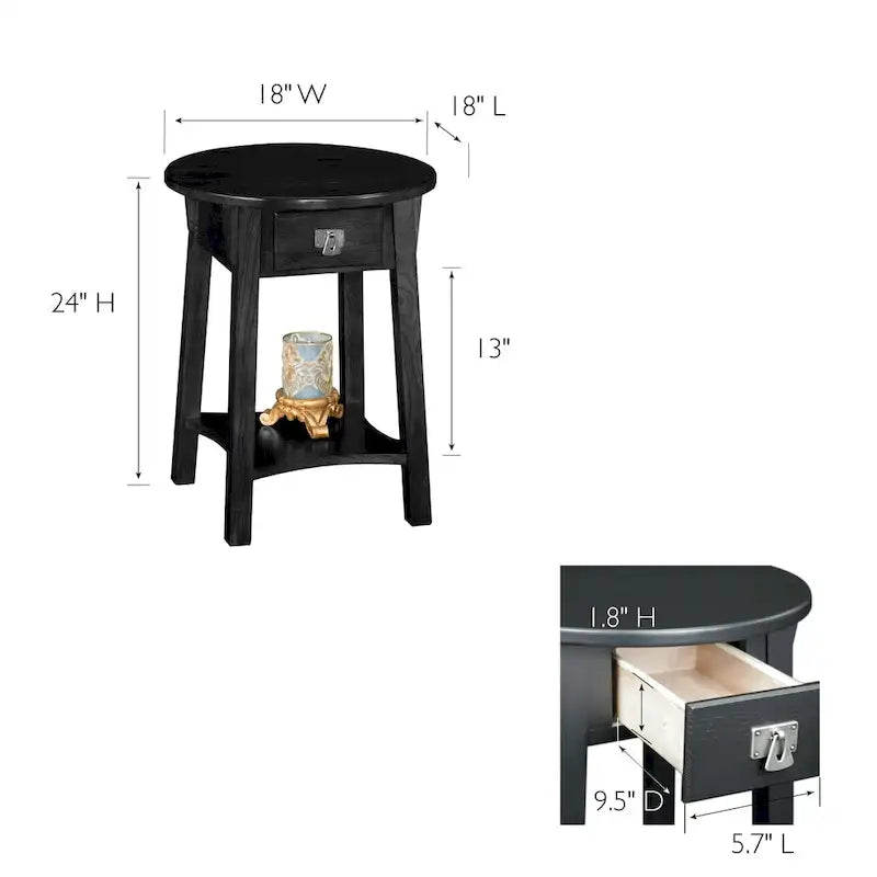Table d'appoint ronde en bois avec tiroir et étagère inférieure, Noir Ardoise
