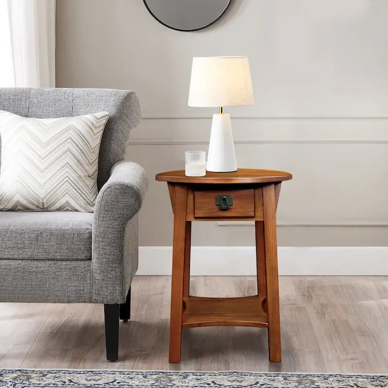 Table d'appoint ronde en bois avec tiroir et étagère inférieure, Noir Ardoise