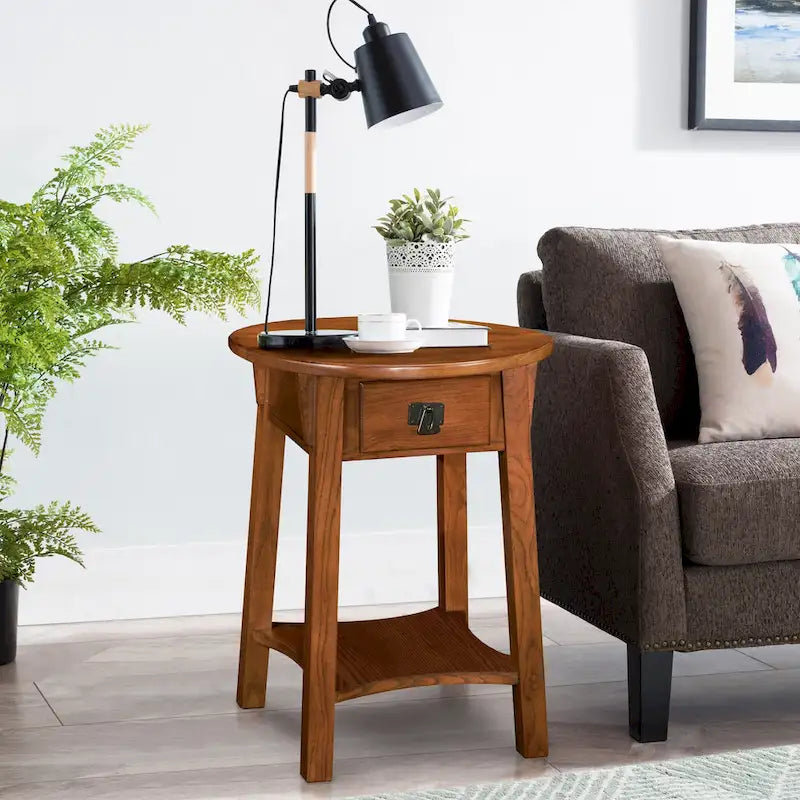 Table d'appoint ronde en bois avec tiroir et étagère inférieure, Noir Ardoise