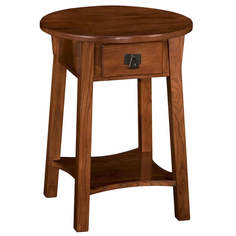 Table d'appoint ronde en bois avec tiroir et étagère inférieure, Noir Ardoise