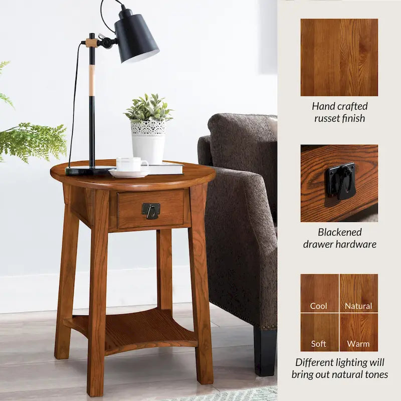 Table d'appoint ronde en bois avec tiroir et étagère inférieure, Noir Ardoise
