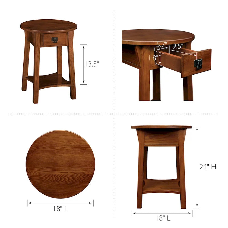 Table d'appoint ronde en bois avec tiroir et étagère inférieure, Noir Ardoise