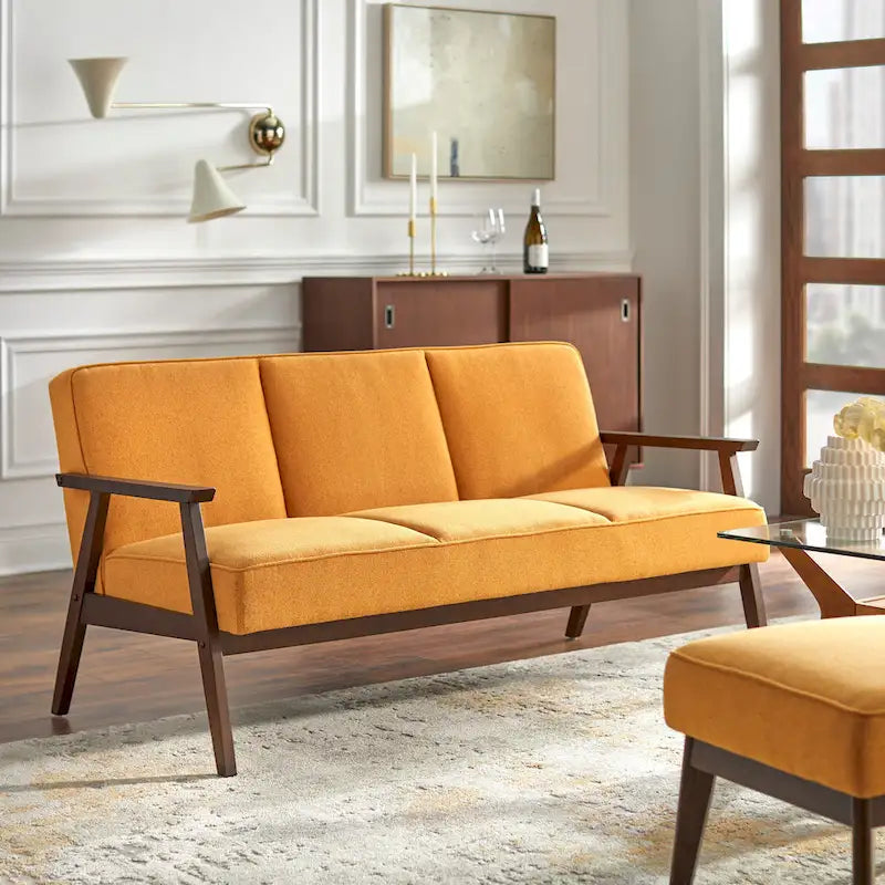 Canapé rembourré de style Mid-Century Modern avec cadre en bois d'hévéa Gris Bleu Jaune