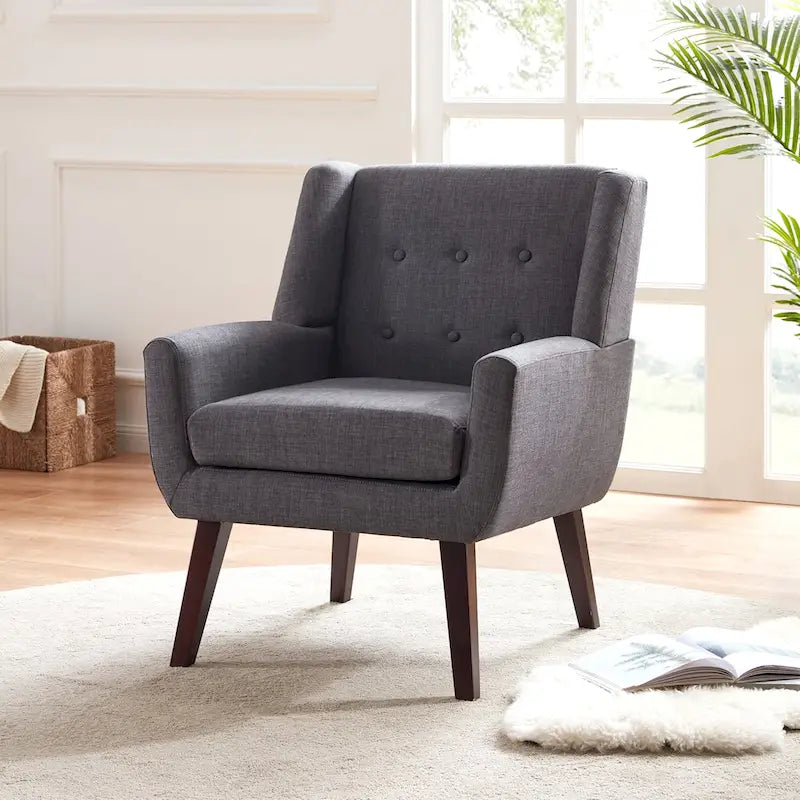 Fauteuil d'appoint capitonné en lin de style Mid-Century avec pieds en bois massif