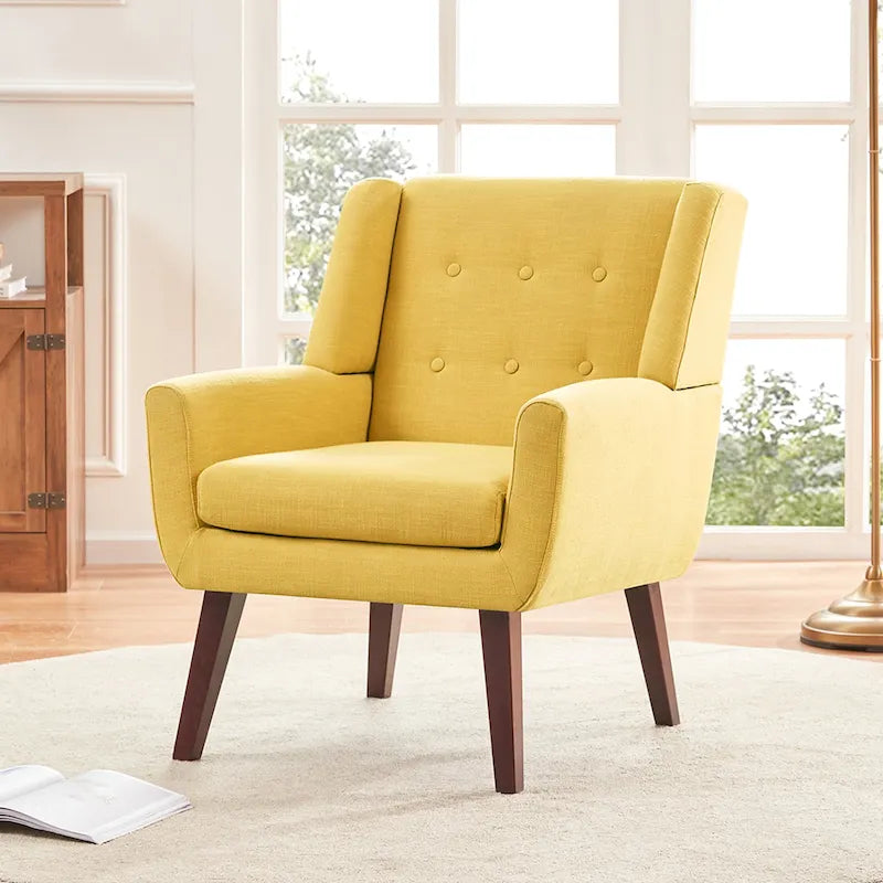 Fauteuil d'appoint capitonné en lin de style Mid-Century avec pieds en bois massif