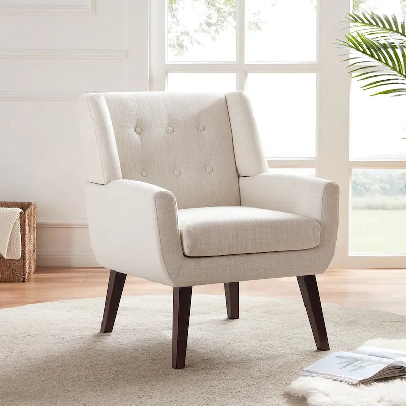 Fauteuil d'appoint capitonné en lin de style Mid-Century avec pieds en bois massif