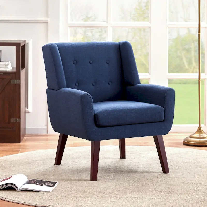 Fauteuil d'appoint capitonné en lin de style Mid-Century avec pieds en bois massif