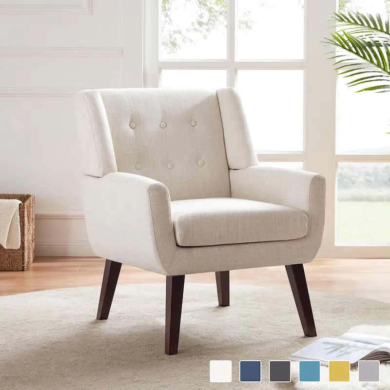 Fauteuil d'appoint capitonné en lin de style Mid-Century avec pieds en bois massif