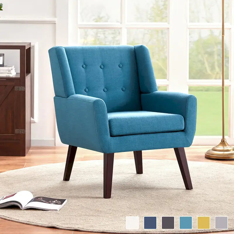 Fauteuil d'appoint capitonné en lin de style Mid-Century avec pieds en bois massif