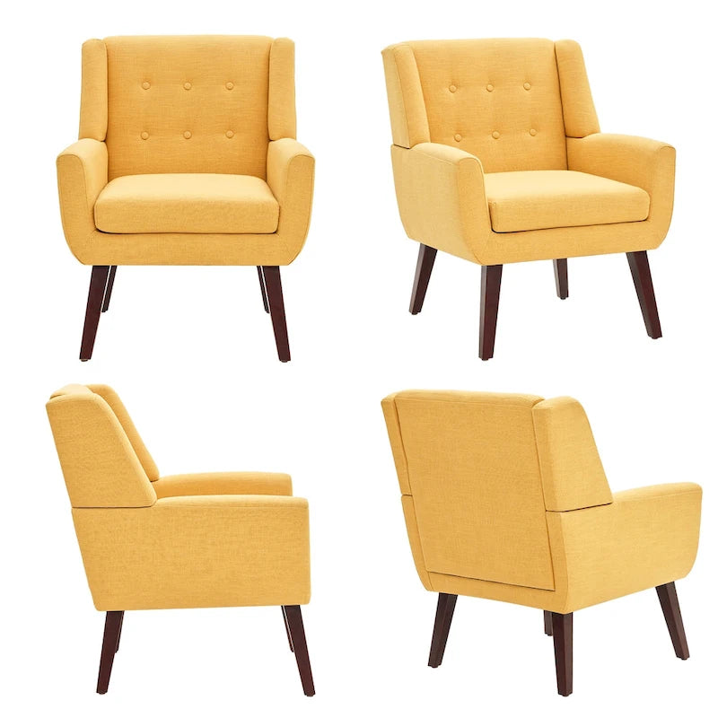 Fauteuil d'appoint capitonné en lin de style Mid-Century avec pieds en bois massif