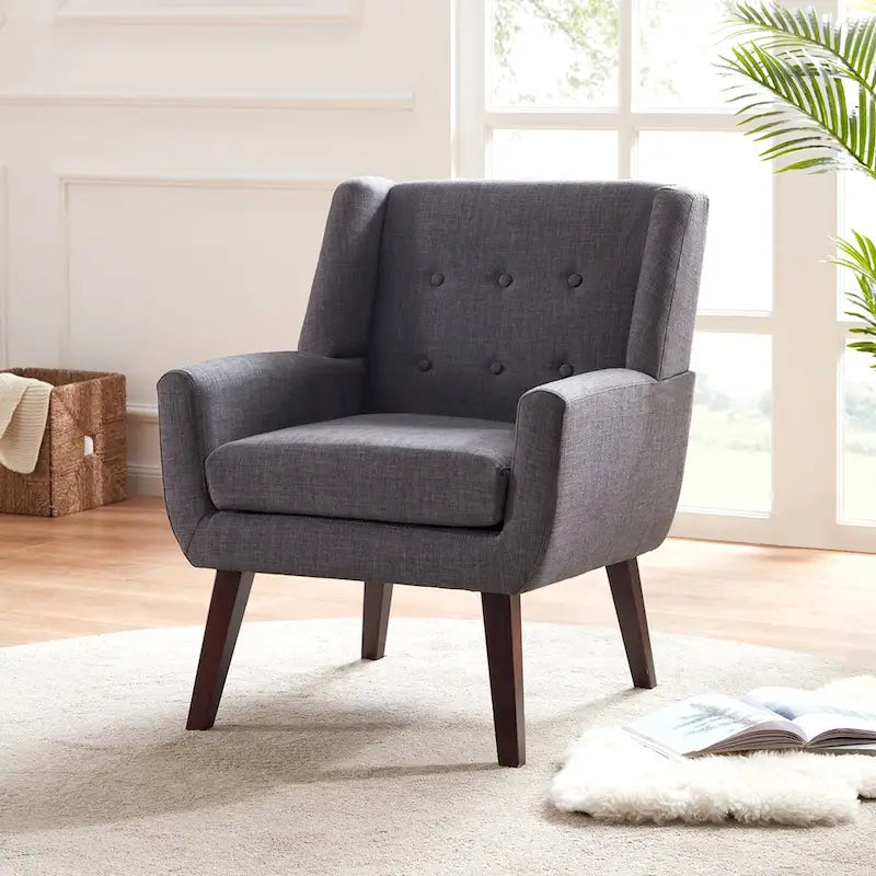 Fauteuil d'appoint capitonné en lin de style Mid-Century avec pieds en bois massif