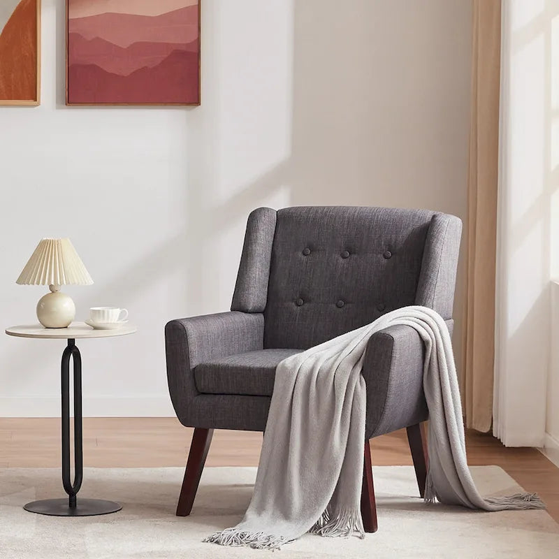 Fauteuil d'appoint capitonné en lin de style Mid-Century avec pieds en bois massif