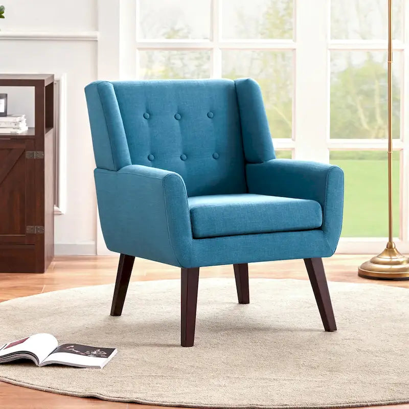 Fauteuil d'appoint capitonné en lin de style Mid-Century avec pieds en bois massif