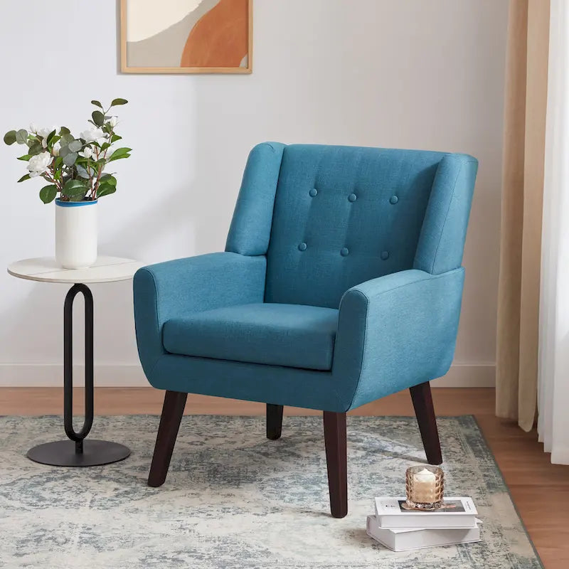 Fauteuil d'appoint capitonné en lin de style Mid-Century avec pieds en bois massif
