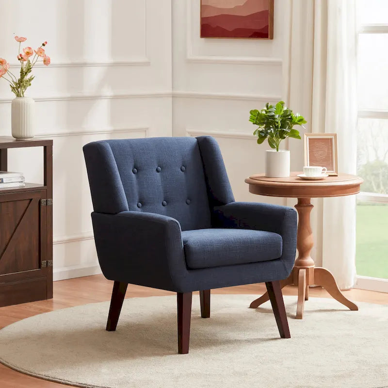 Fauteuil d'appoint capitonné en lin de style Mid-Century avec pieds en bois massif