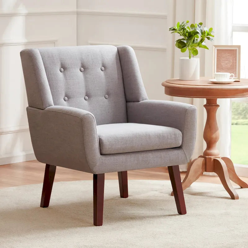 Fauteuil d'appoint capitonné en lin de style Mid-Century avec pieds en bois massif