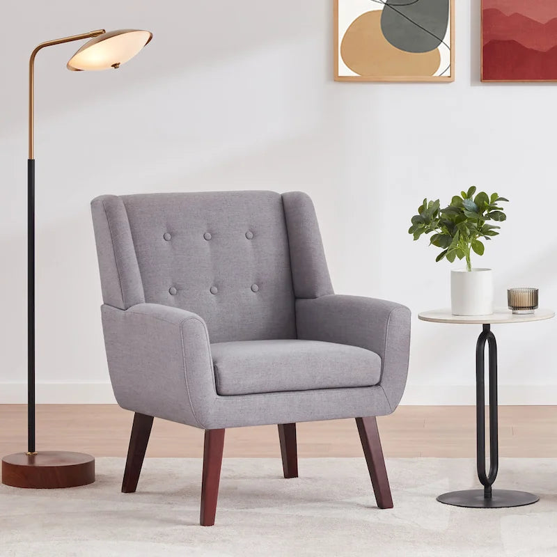 Fauteuil d'appoint capitonné en lin de style Mid-Century avec pieds en bois massif