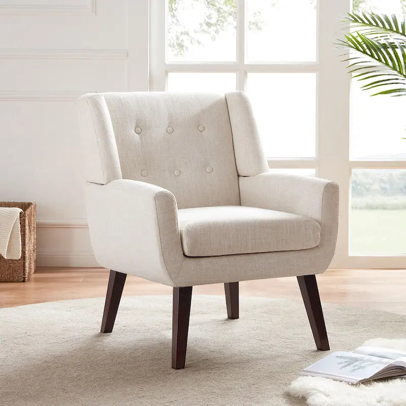 Fauteuil d'appoint capitonné en lin de style Mid-Century avec pieds en bois massif