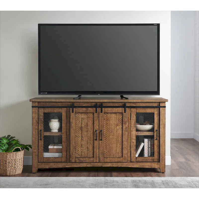 Meuble TV en pin massif avec portes coulissantes façon grange et treillis métallique