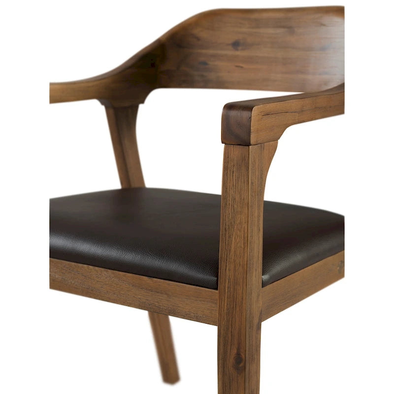 Fauteuil de salle à manger en bois massif, assise rembourrée en similicuir foncé, dossier ouvert incurvé