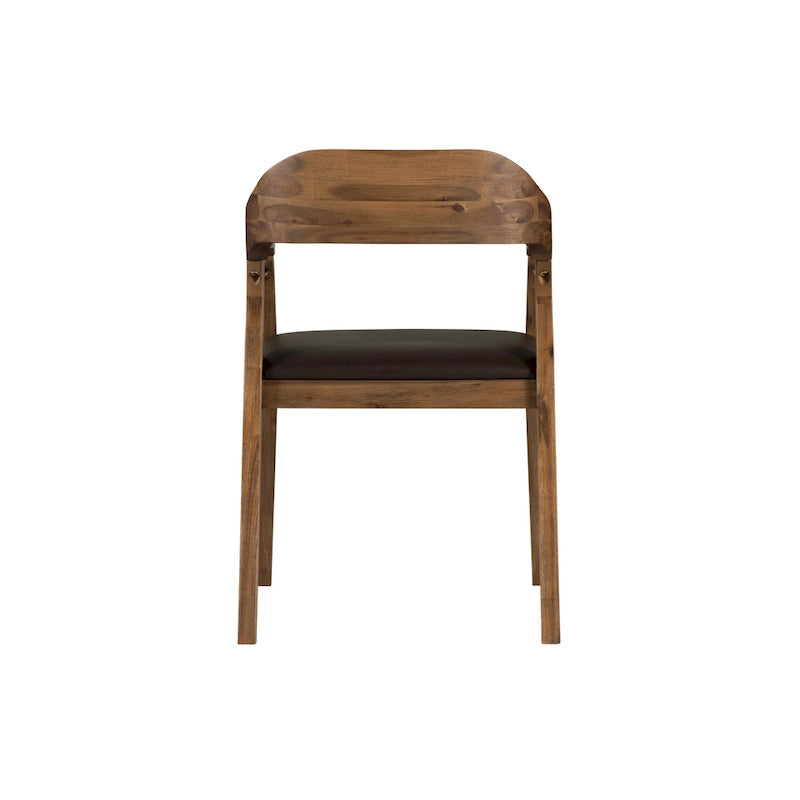 Fauteuil de salle à manger en bois massif, assise rembourrée en similicuir foncé, dossier ouvert incurvé