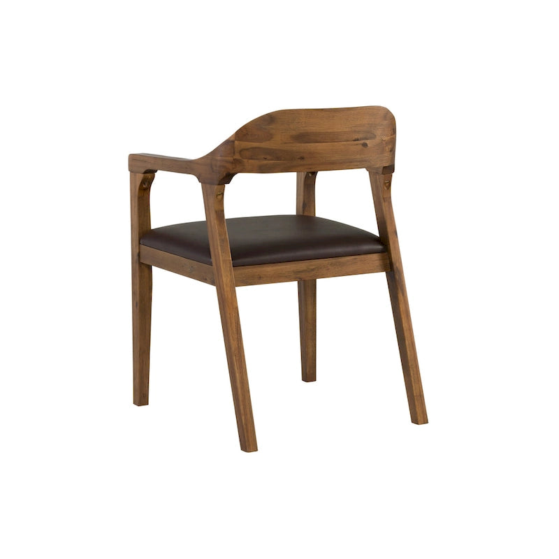 Fauteuil de salle à manger en bois massif, assise rembourrée en similicuir foncé, dossier ouvert incurvé